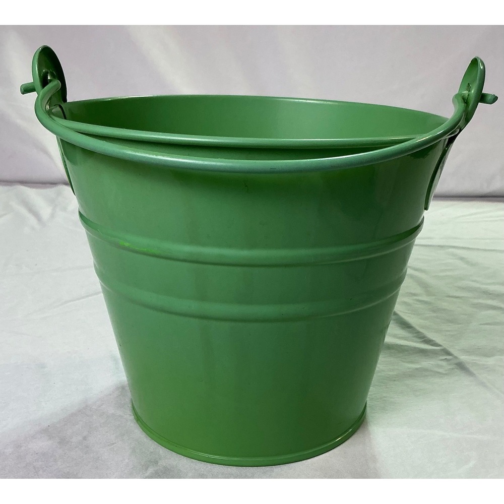 Green Metal‎ Bucket Planter Cachepot Flower Pot with Handle Garden Cottagecore
